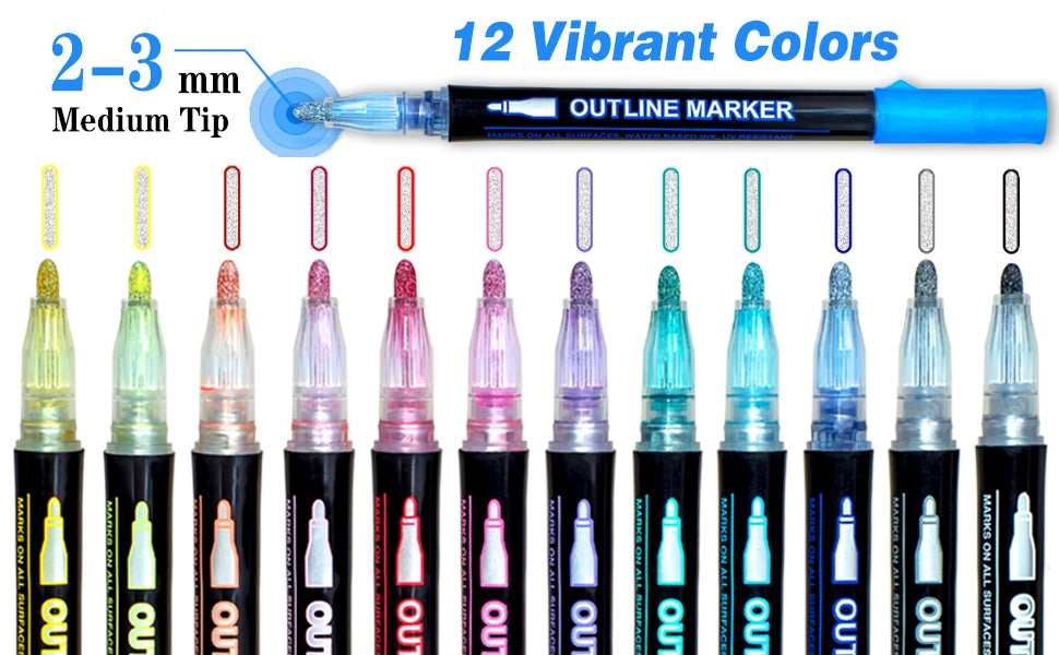 12Colors Metallic Double Line Glitter Pen Doodle Dazzles Shimmer Marke