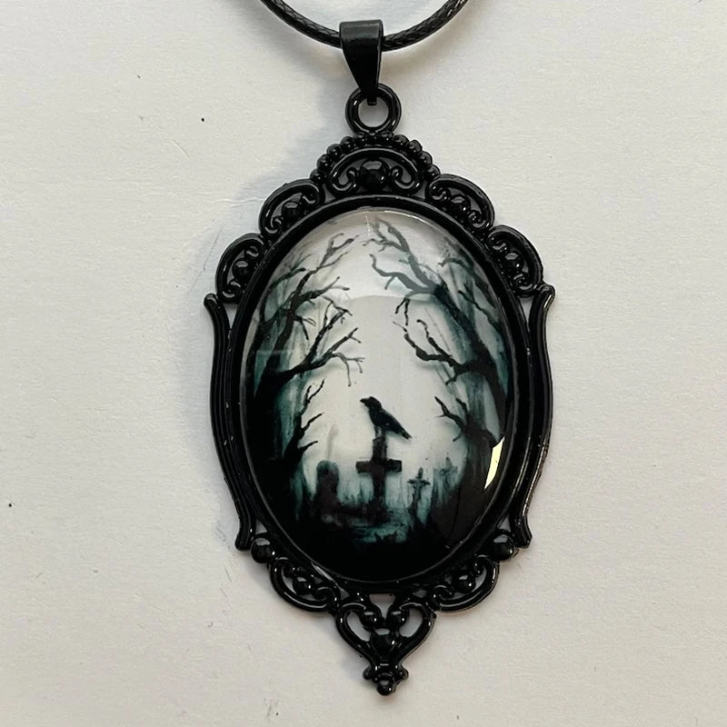 Gothic Crow Forest Charm Necklace Cross Crow Pendant Necklace Mystic W