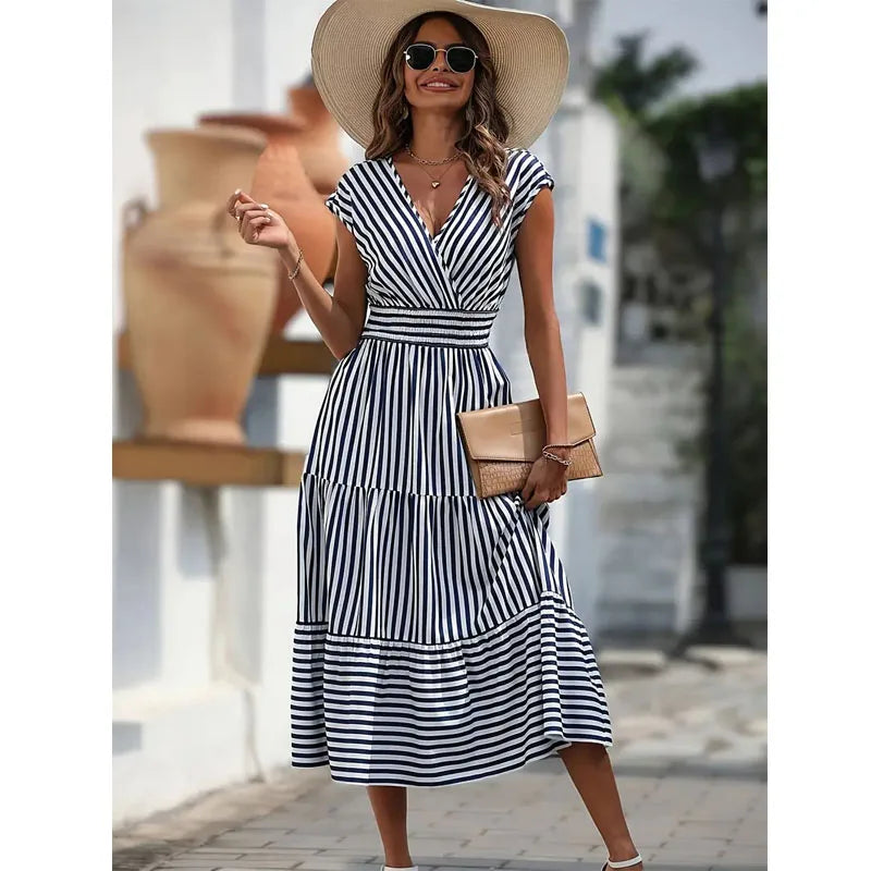 Grace Striped Slope Neck Tank Dress Casual Leeveless in USA.