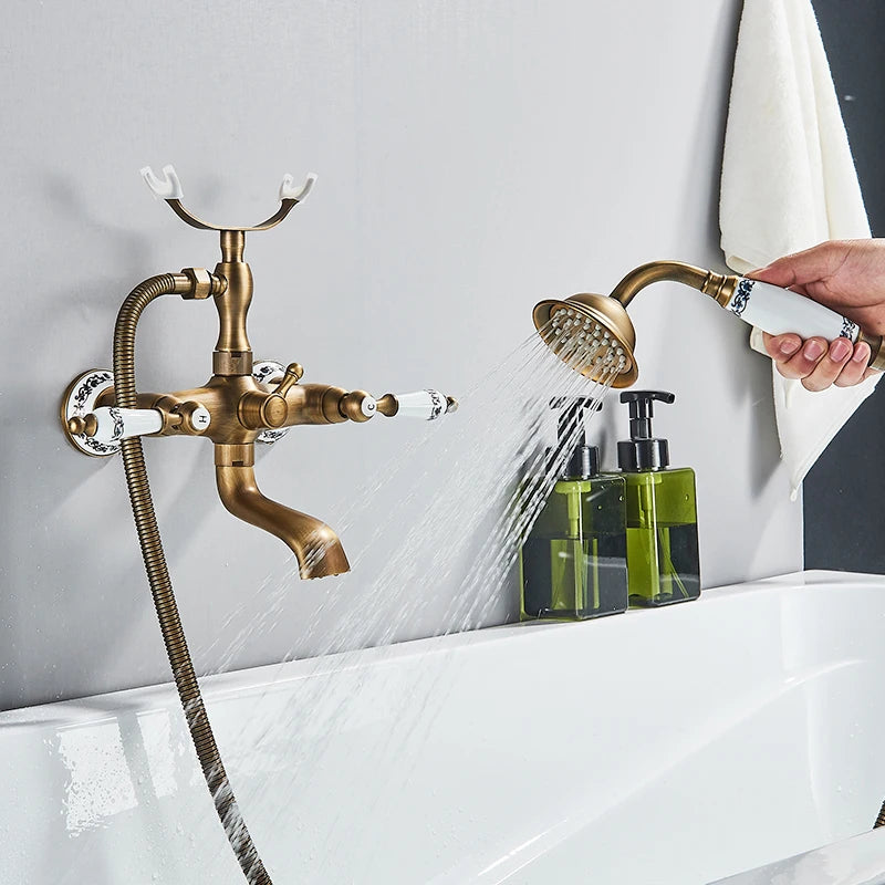 Antique Brass Bathtub Shower Faucet Set Bathroom in USA