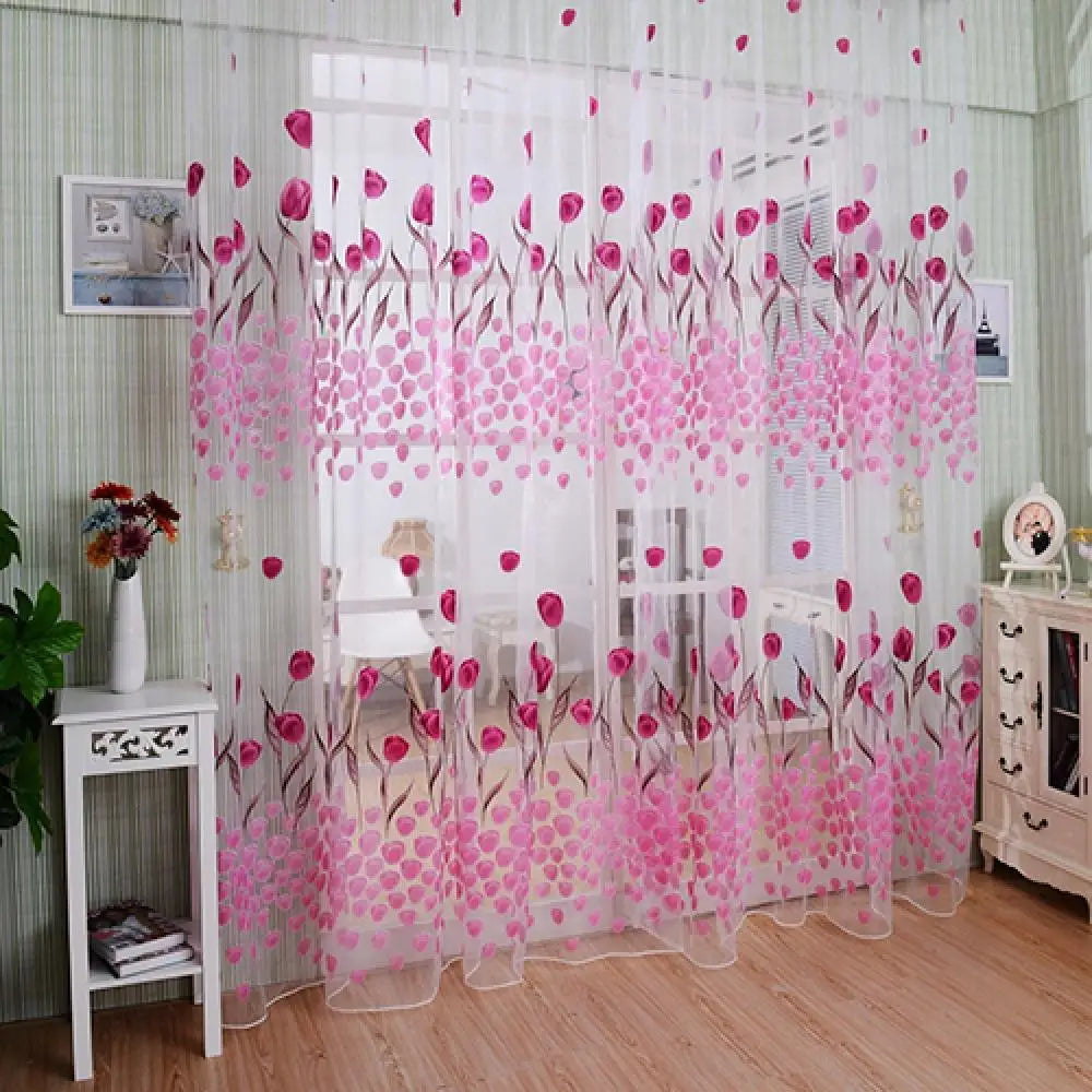 Romantic Window Door Tulip Print Voile Sheer Curtain in USA