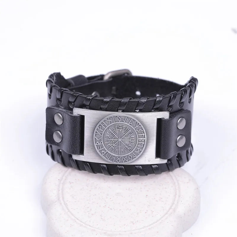 Compass Genuine Leather Bracelet Man Nordic Runes in USA