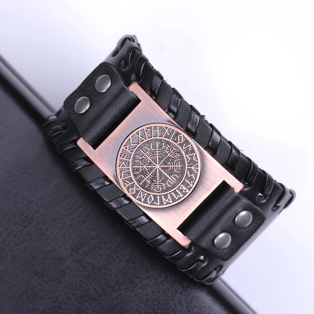 Compass Genuine Leather Bracelet Man Nordic Runes in USA