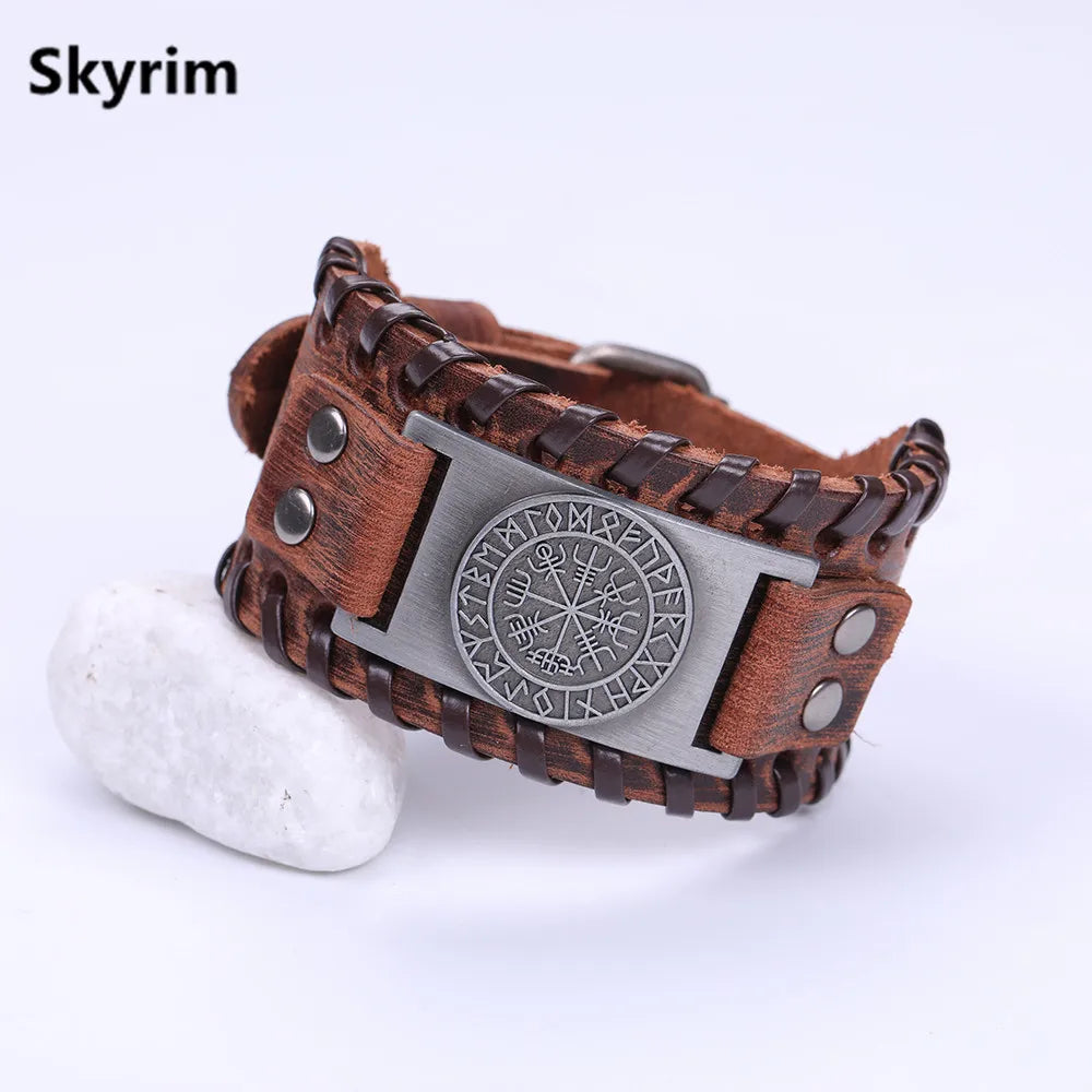 Compass Genuine Leather Bracelet Man Nordic Runes in USA