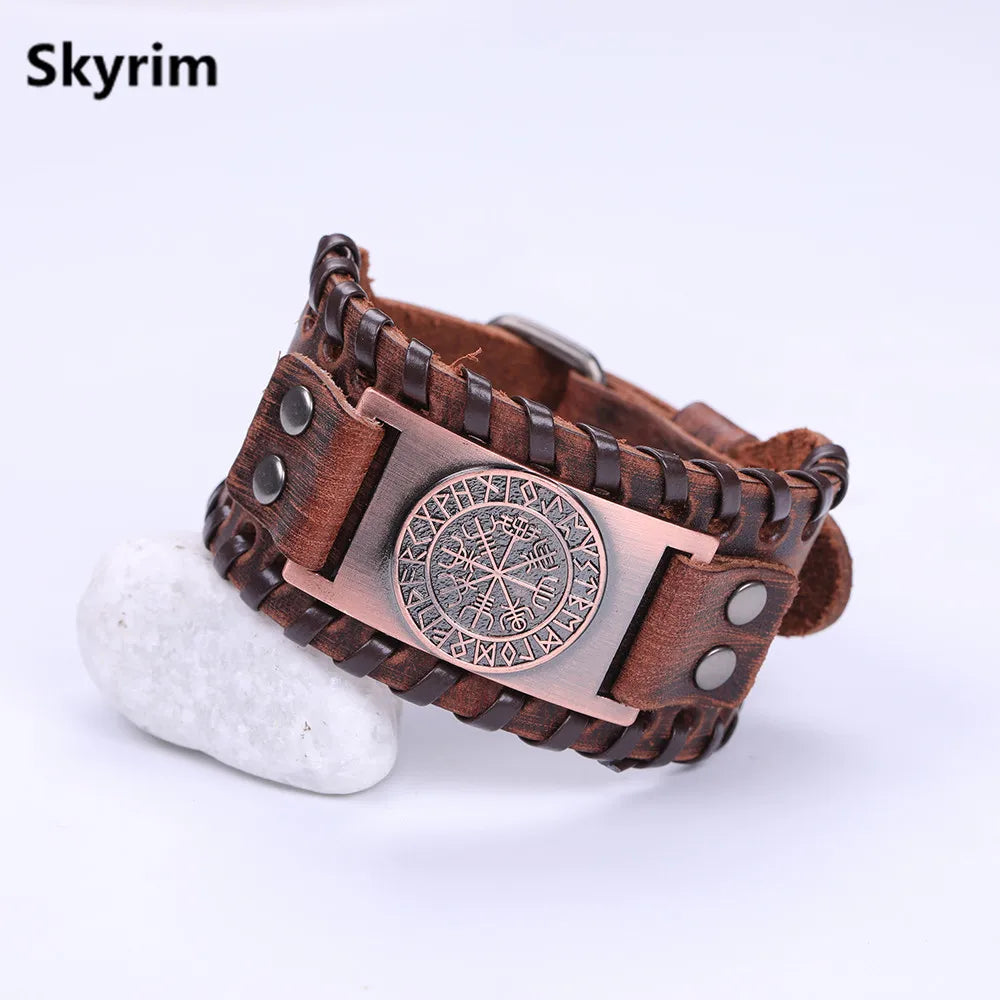 Compass Genuine Leather Bracelet Man Nordic Runes in USA