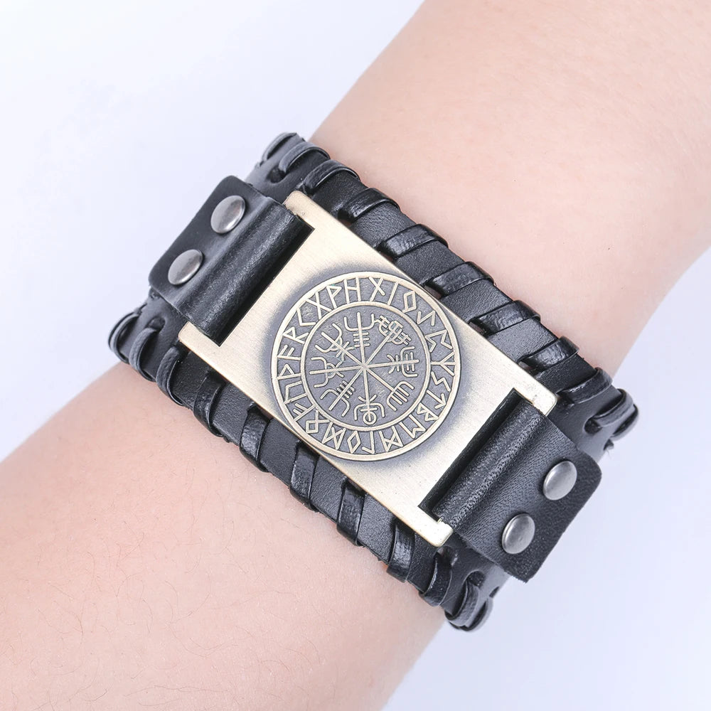 Compass Genuine Leather Bracelet Man Nordic Runes in USA