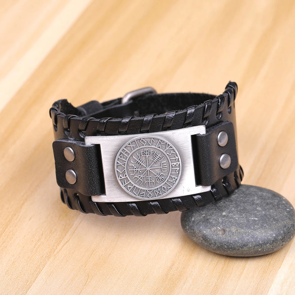 Compass Genuine Leather Bracelet Man Nordic Runes in USA