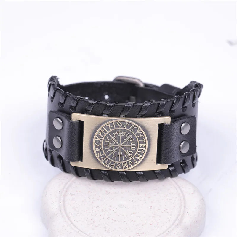 Compass Genuine Leather Bracelet Man Nordic Runes in USA