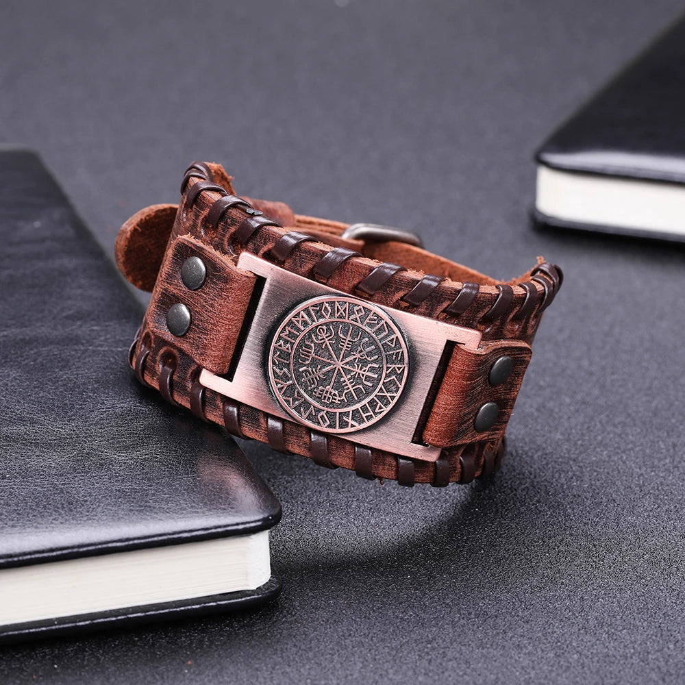 Compass Genuine Leather Bracelet Man Nordic Runes in USA