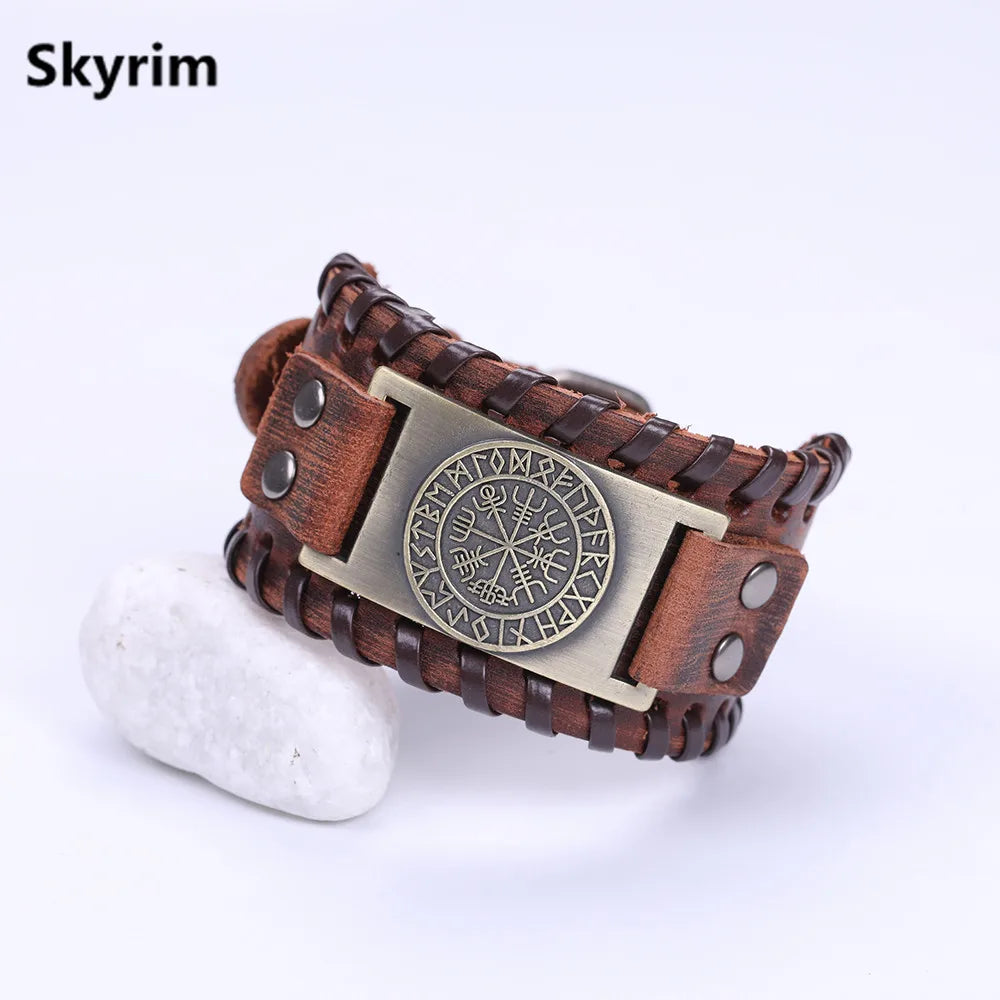 Compass Genuine Leather Bracelet Man Nordic Runes in USA