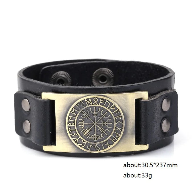 Compass Genuine Leather Bracelet Man Nordic Runes in USA