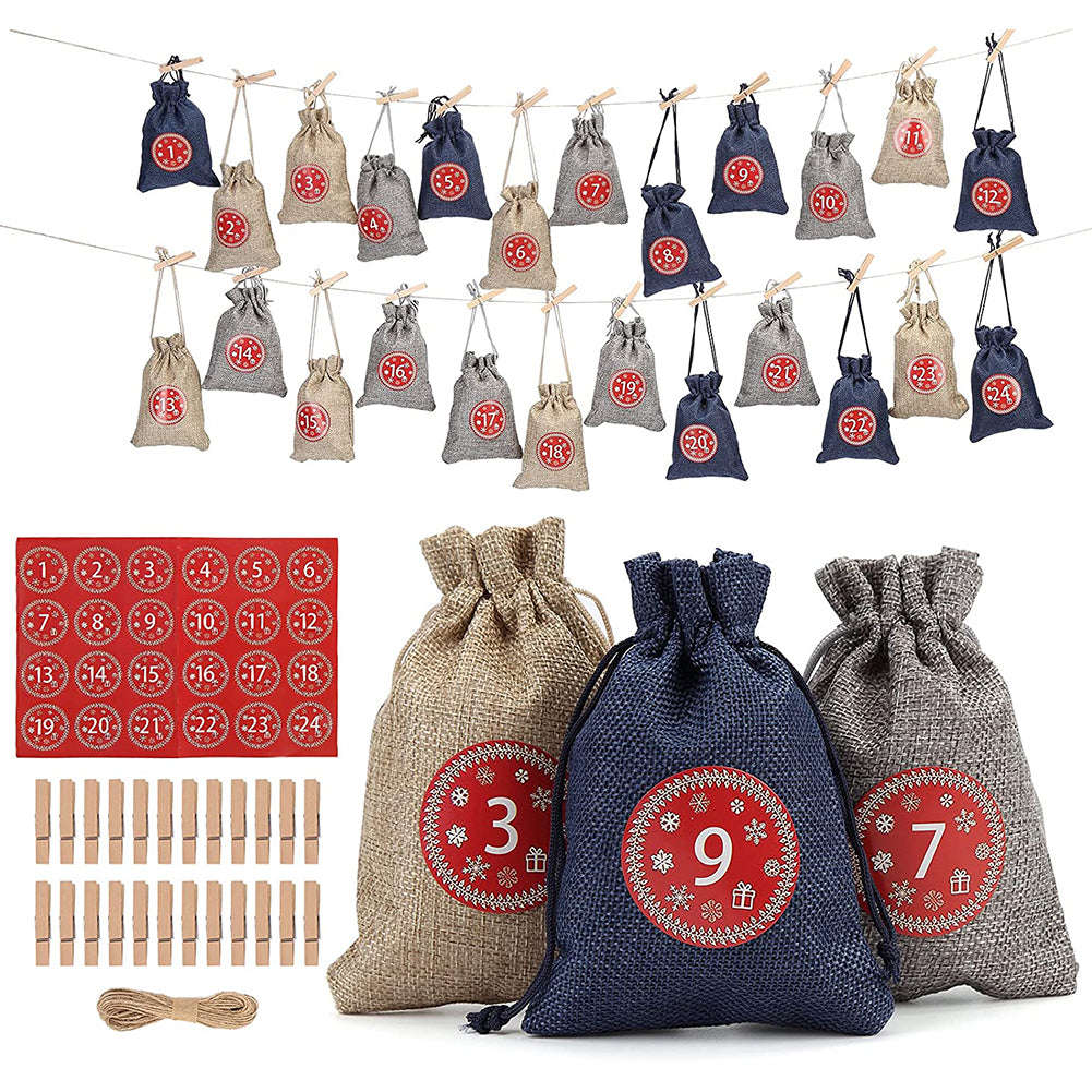 24PCS Christmas Advent Calendar Bags Set Burlap Advent Calendar Gift D