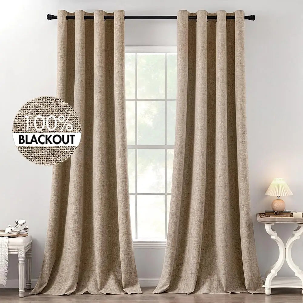 Blackout Linen Textured Curtains for Bedroom Solid Thermal Insulated G