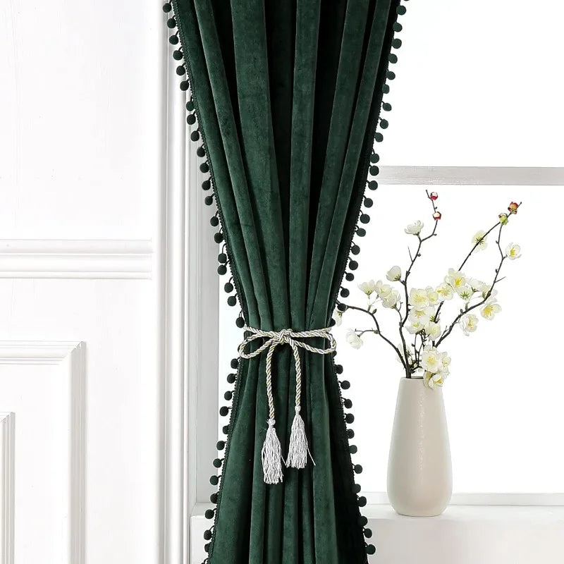 Pom Velvet Curtains for Bedroom, Blackout Curtains in USA