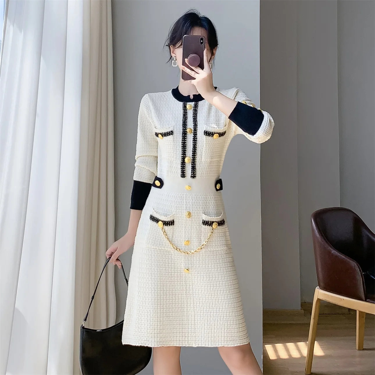 Autumn Small Fragrance Knitted Sweater Evening Dress in USA