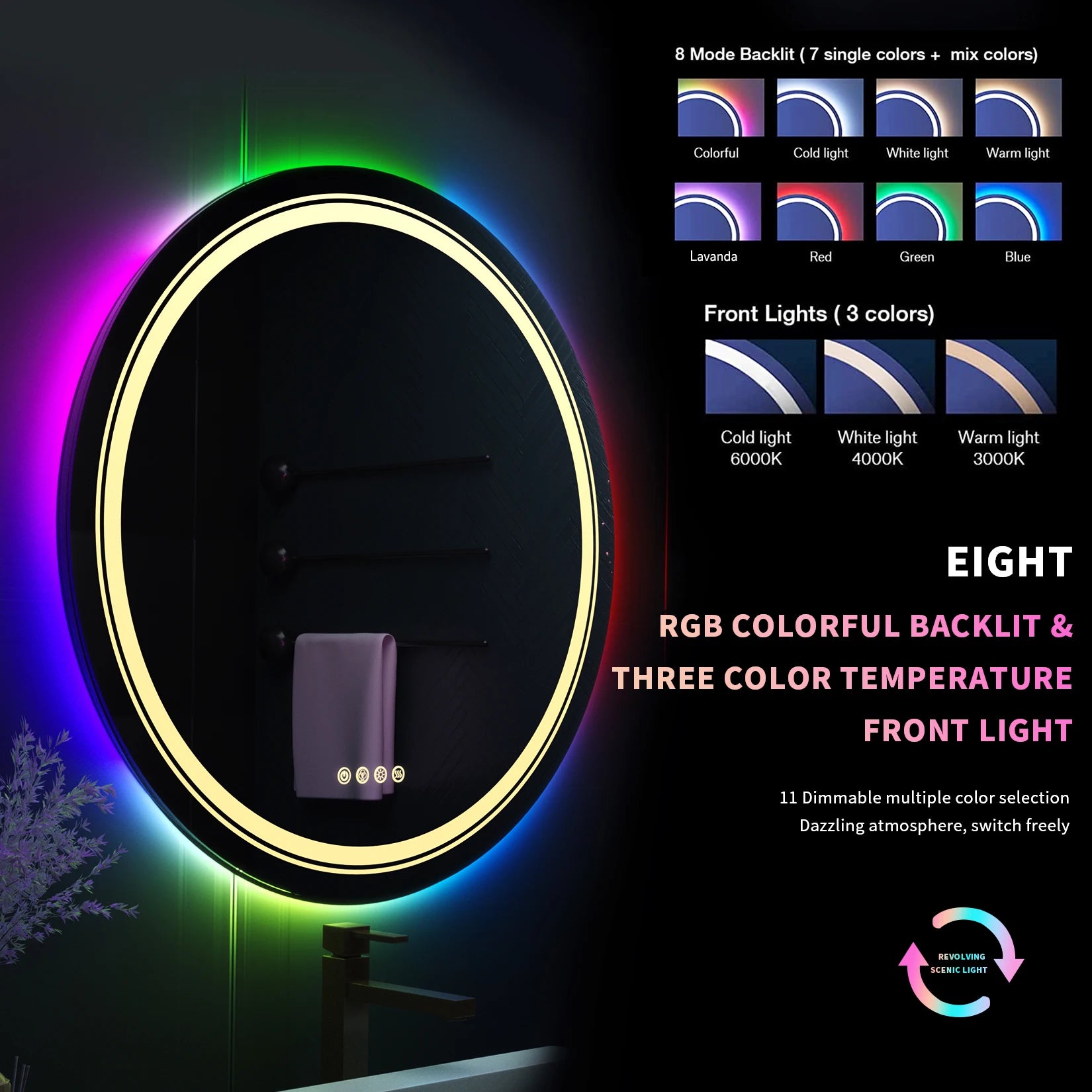 Large Round Lighted Bathroom Mirror RGB Color Changing LED