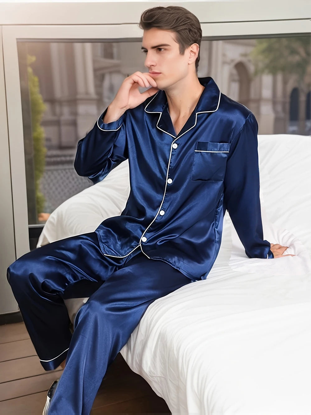 New Men Pajama Sets Sleepwear Man Shirt Silk Long in USA