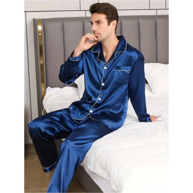 New Men Pajamas Set Silk SatinSleepwear Shirt Long SleevePijama in USA