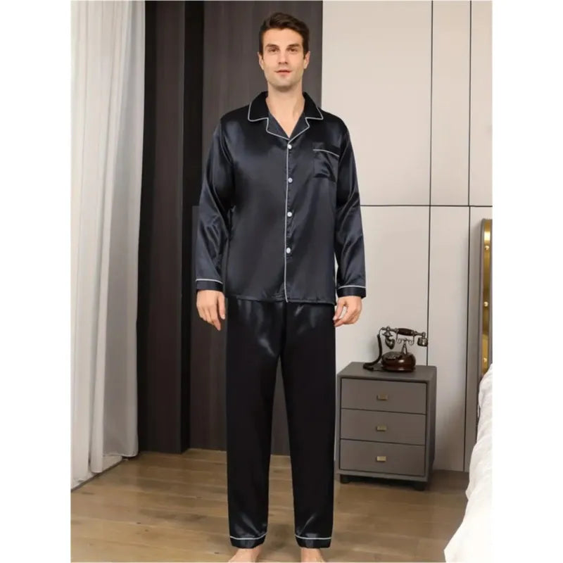 New Men Pajamas Set Silk SatinSleepwear Shirt Long SleevePijama in USA