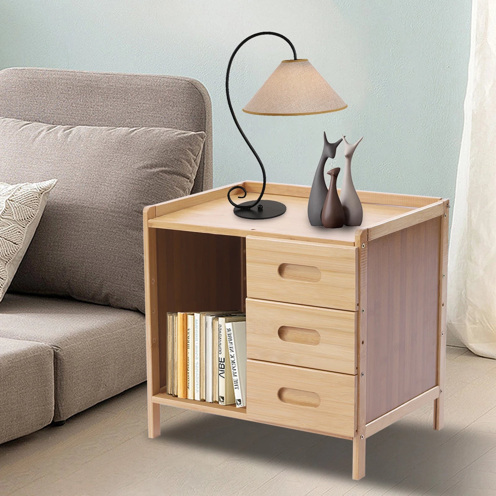 Drawer Modern Bamboo Nightstand Side Table Bedroom IN USA.