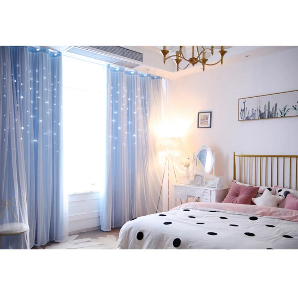 Bright Double Layer Blackout Star Hollow Curtains in USA