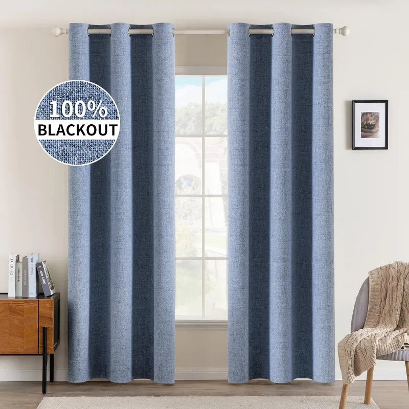 Blackout Linen Textured Curtains for Bedroom Solid Thermal Insulated G