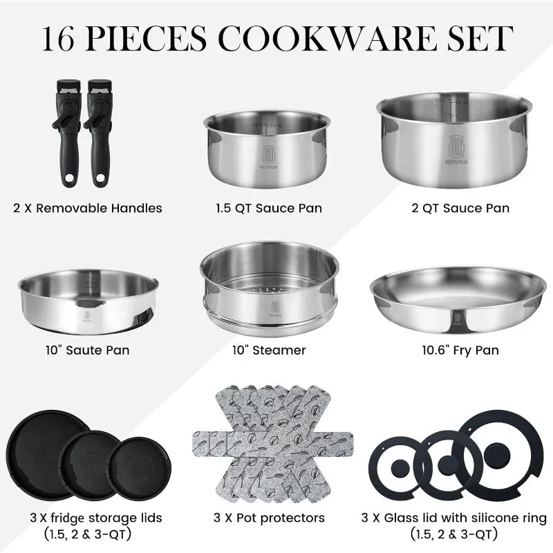 Pots Pans Set, 20 Piece Stainless Steel Kitchen Removable