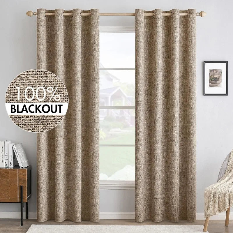 Blackout Linen Textured Curtains for Bedroom Solid Thermal Insulated G