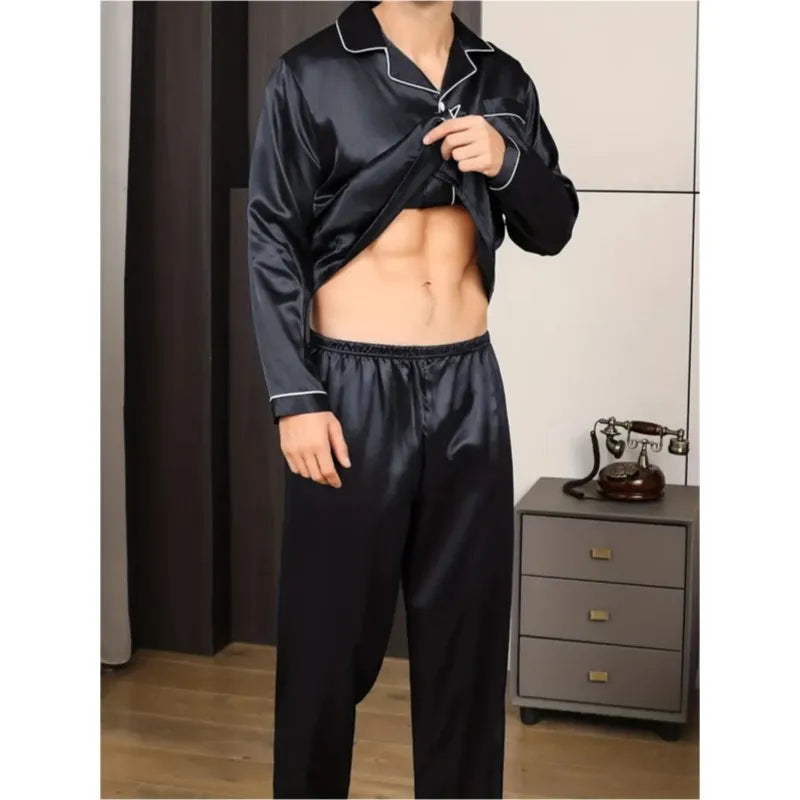 New Men Pajamas Set Silk SatinSleepwear Shirt Long SleevePijama in USA