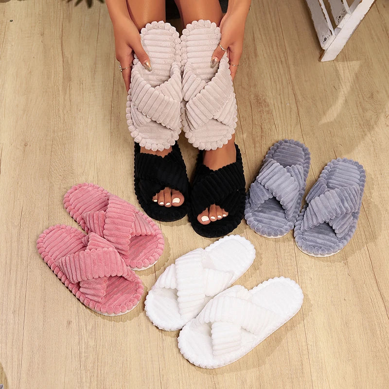 Fashion Corduroy Cross Band Home Slippers Women in USA