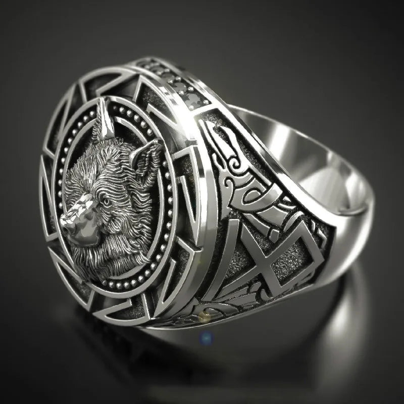 Men's Vintage Wolf Totem Ring Nordic Mythology Viking Warrior Wolf Hea