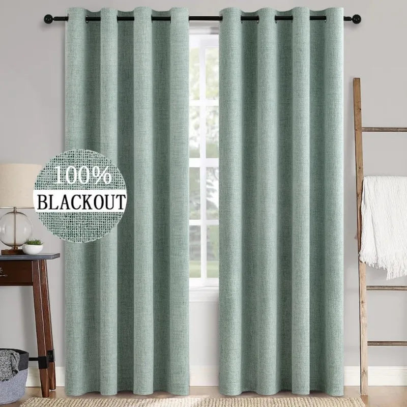 Blackout Linen Textured Curtains for Bedroom Solid Thermal Insulated G