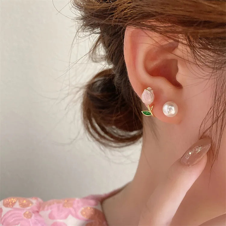 Sweet Fashion Enamel Pearl Tulip Flower Stud Earrings Women in USA