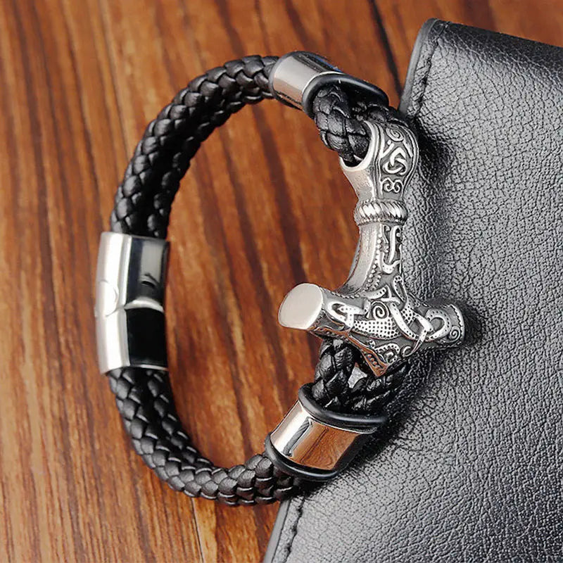 Jewelry Stainless Steel Genuine Leather Bracelets Woven in USA