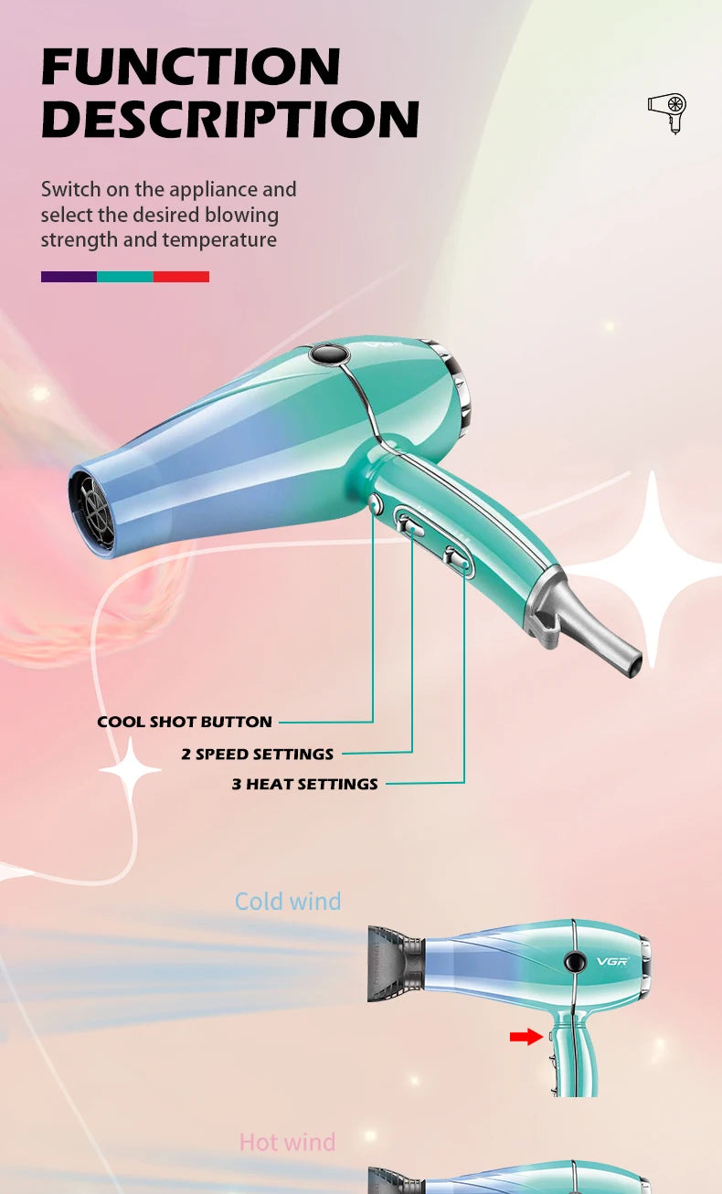 VGR Hair Dryer Professional Hair Dryer 2400W High Power Overheating Pr