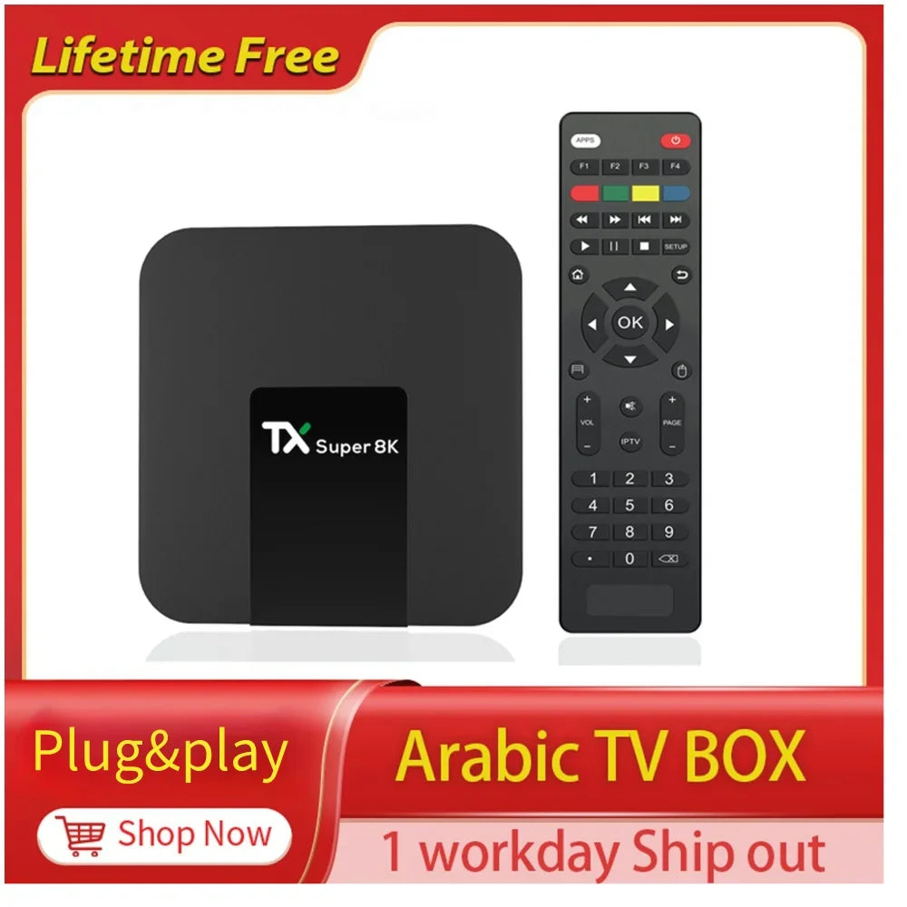 Arabic TV Box Android TX Super 8k Plug and Play 4K HD in USA.