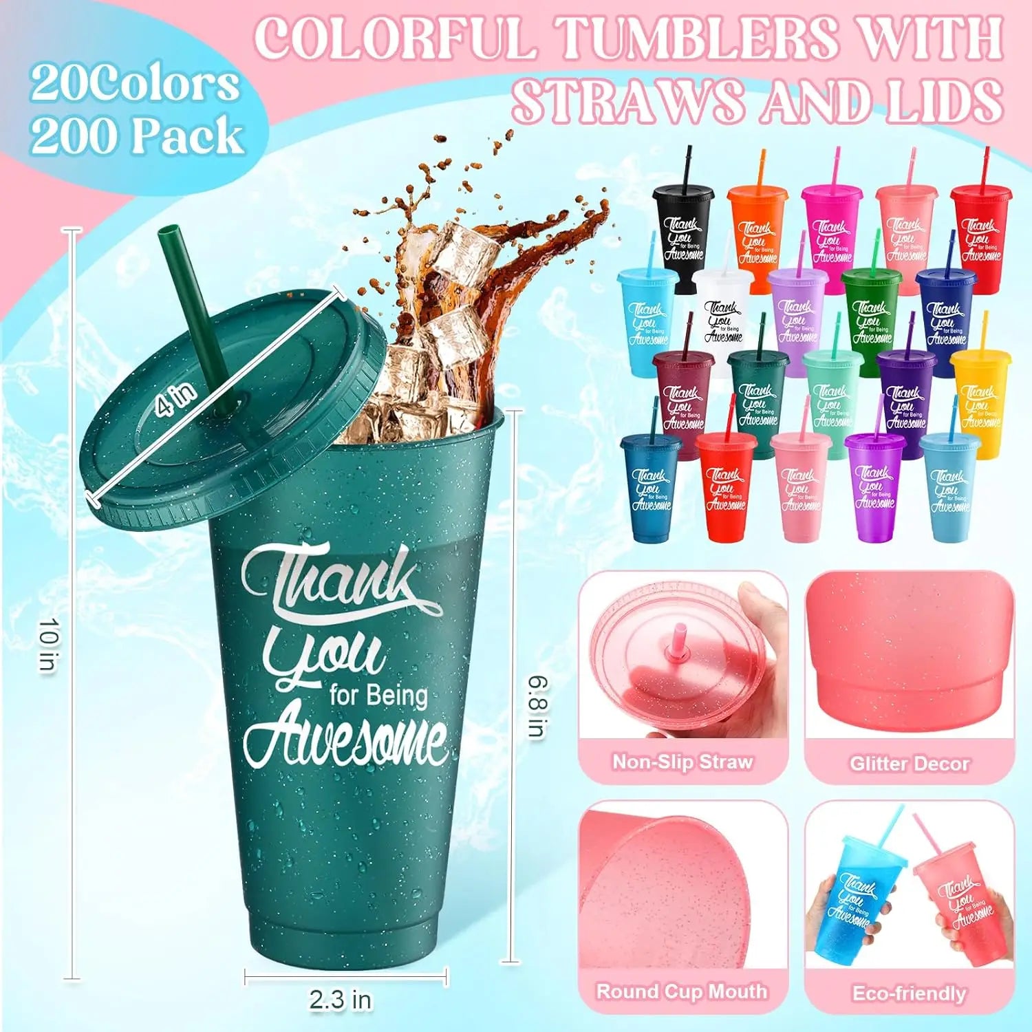 Tumbler Straw Lid Thank Cups Reusable Plastic Cups Iced