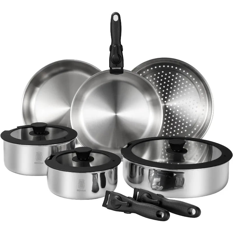 Pots Pans Set, 20 Piece Stainless Steel Kitchen Removable