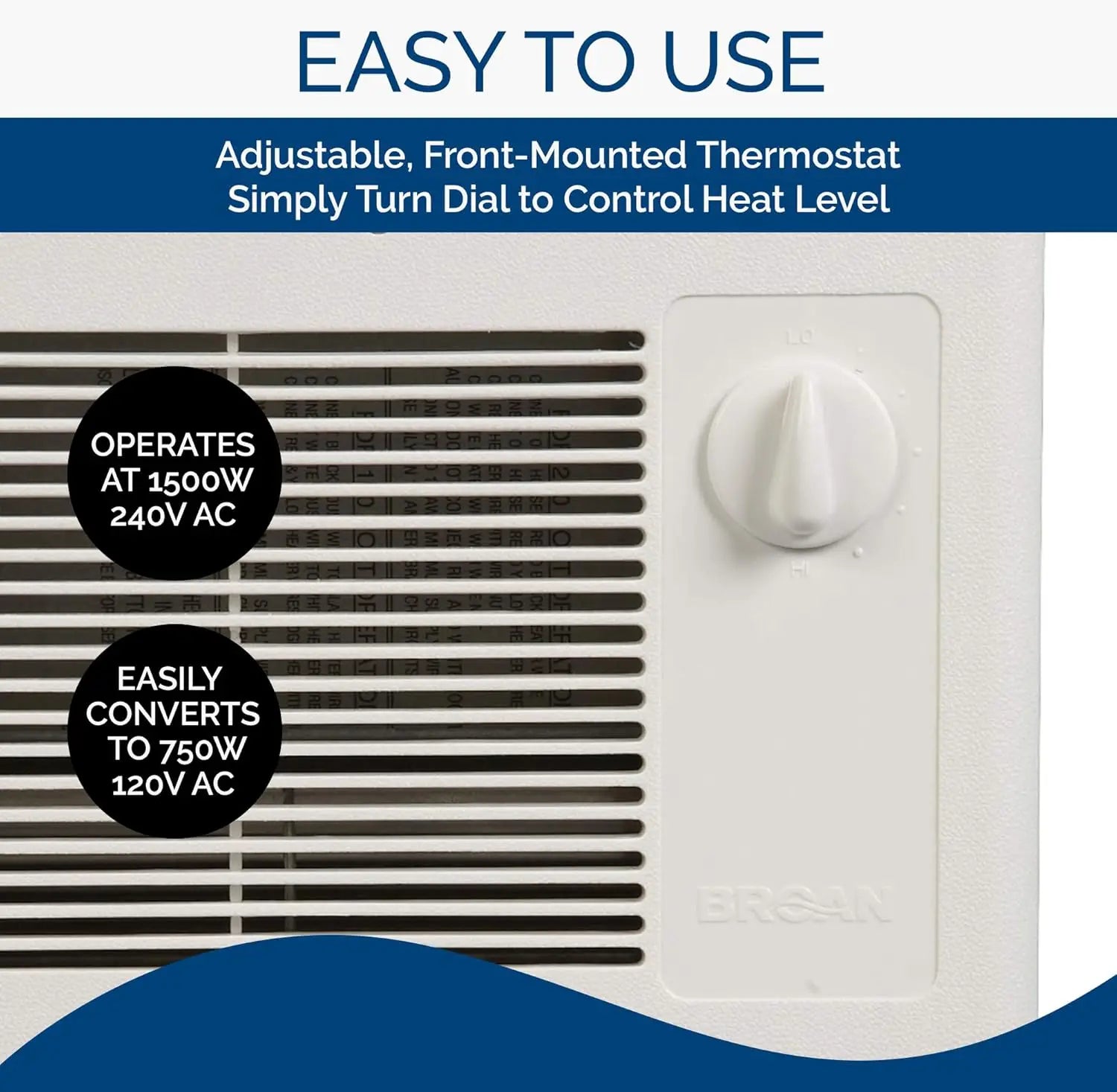 High Capacity Wall Heater Adjustable Thermostat, IN USA.