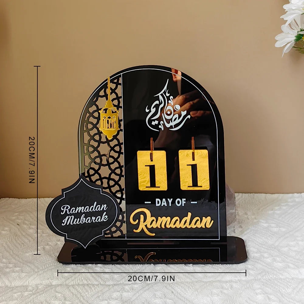 Reusable Acrylic Ramadan Calendar Board Wooden Base Table Ornament wit