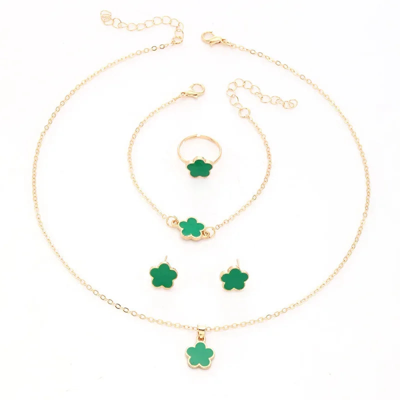 Flower Clover Earrings Necklace Ring Bracelet Four-piece Woman in USA