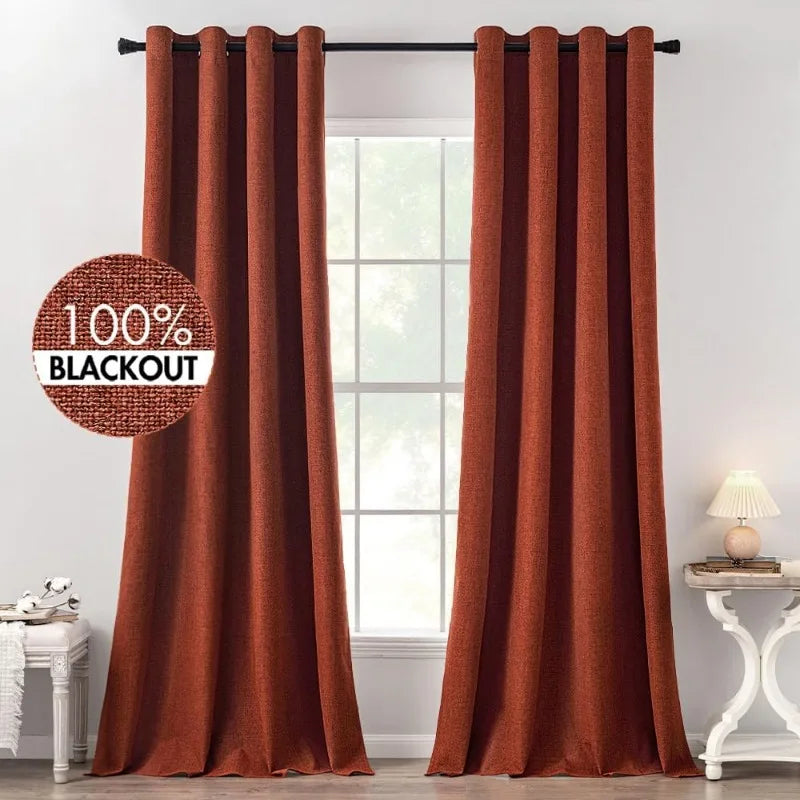 Blackout Linen Textured Curtains for Bedroom Solid Thermal Insulated G