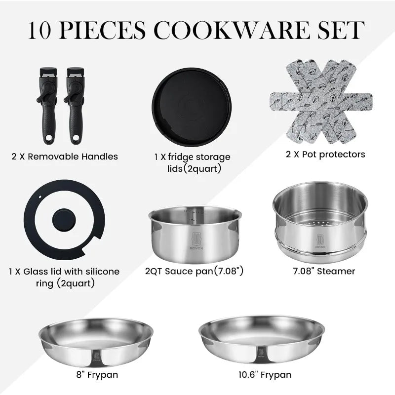 Pots Pans Set, 20 Piece Stainless Steel Kitchen Removable