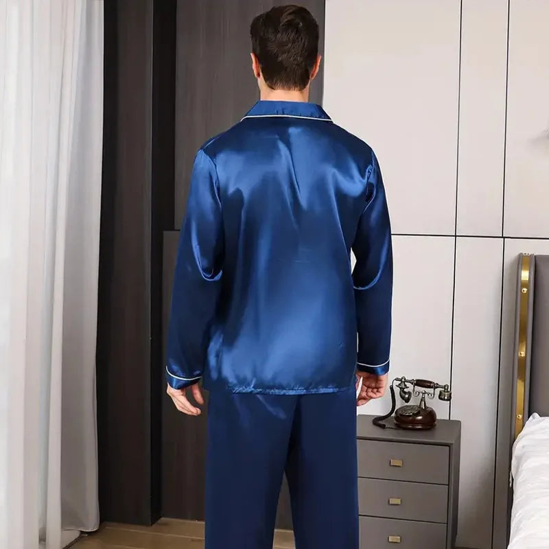 Large Size Solid Long-Sleeved Pyjamas Men Autumn Winter Silk in USA