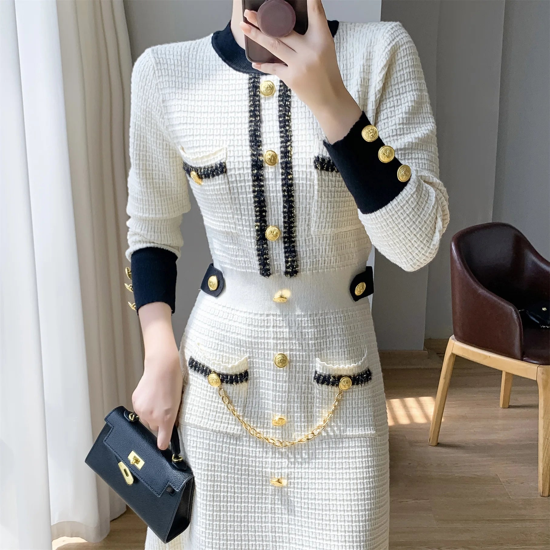 Autumn Small Fragrance Knitted Sweater Evening Dress in USA