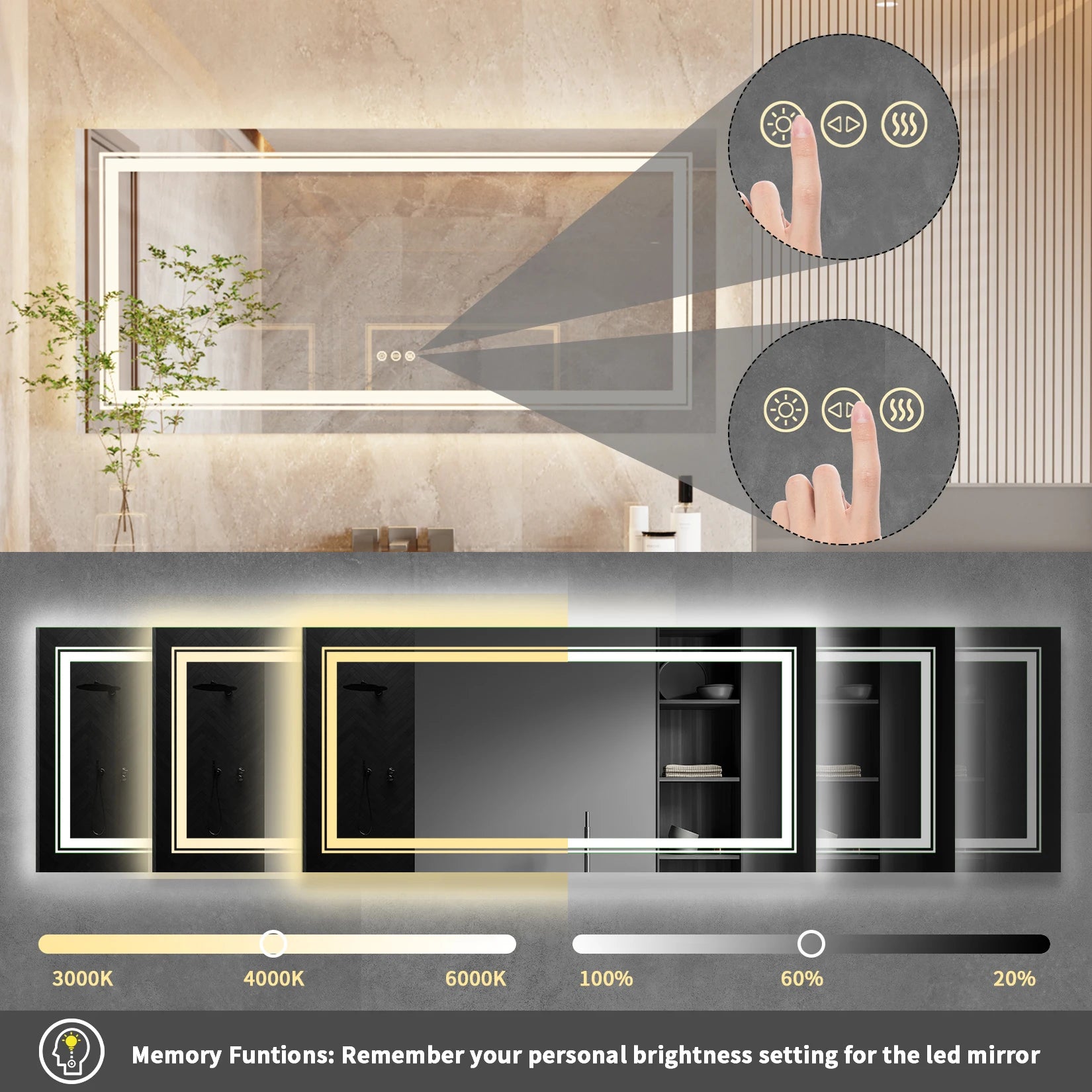 LED Bathroom Mirror Large Illuminated Dimmable Vanity Mirror