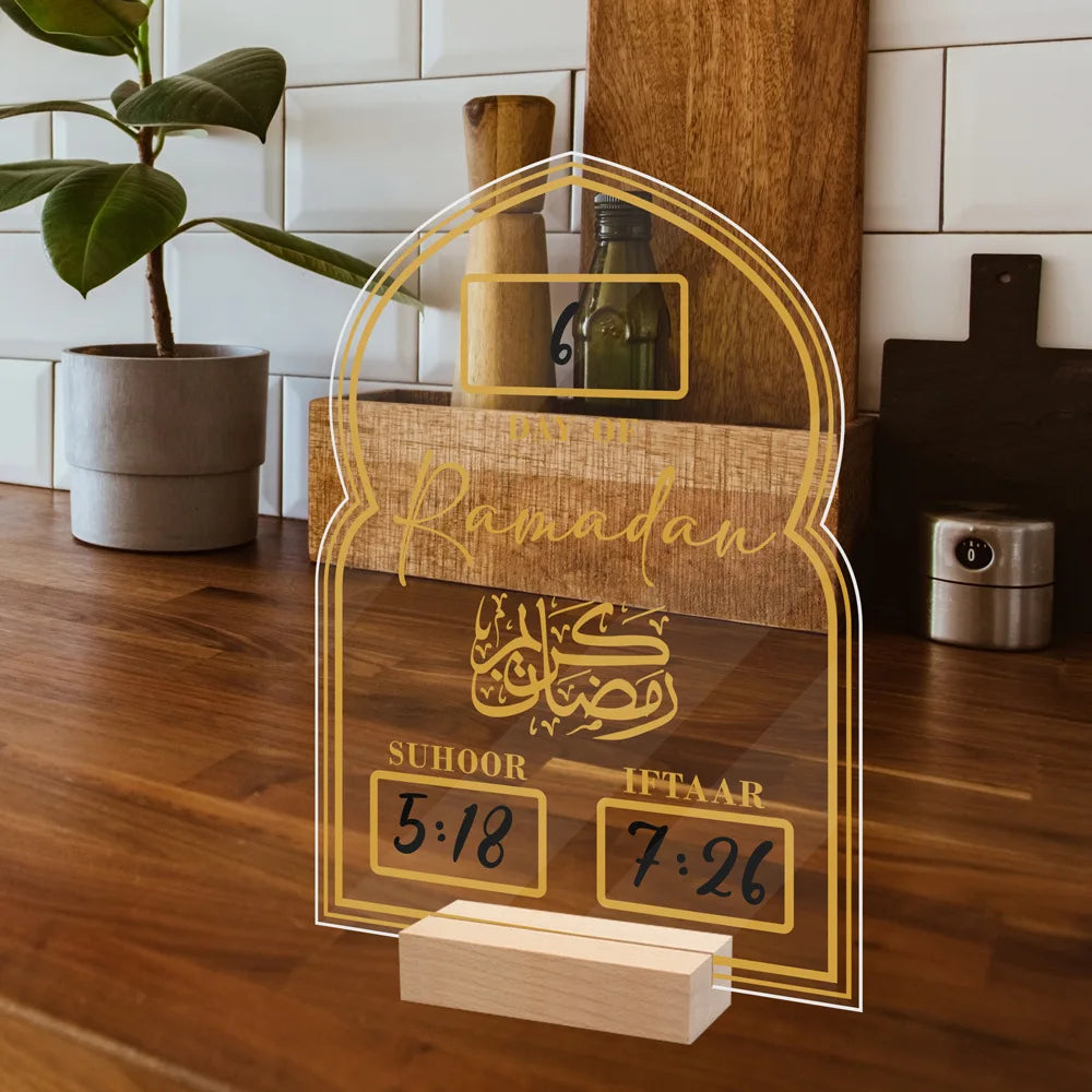 Reusable Acrylic Ramadan Calendar Board Wooden Base Table Ornament wit