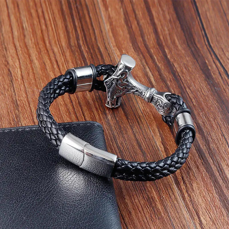 Jewelry Stainless Steel Genuine Leather Bracelets Woven in USA