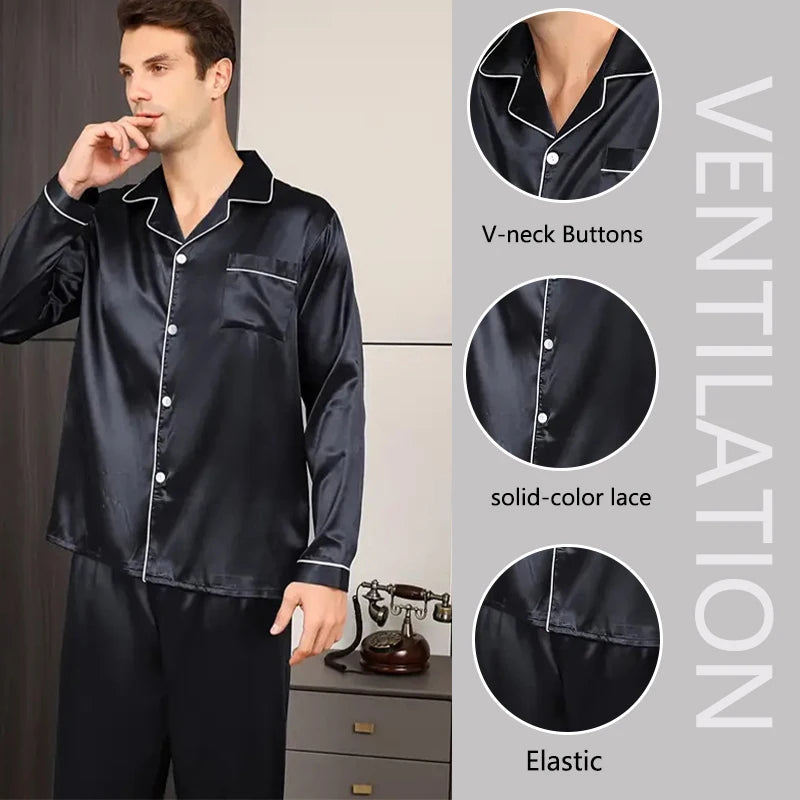 Large Size Solid Long-Sleeved Pyjamas Men Autumn Winter Silk in USA