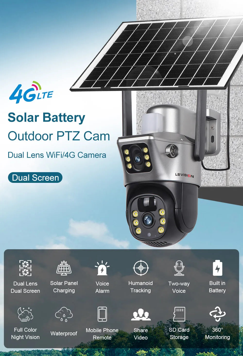 LS VISION Solar Camera 4G Sim Outdoor Dual Lens WiFi